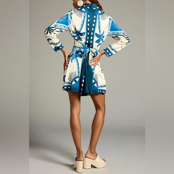 Farm Rio Anthropologie Long-Sleeve Blazer Mini Dress in Ivory/Blue Size SP - Picture 2 of 15